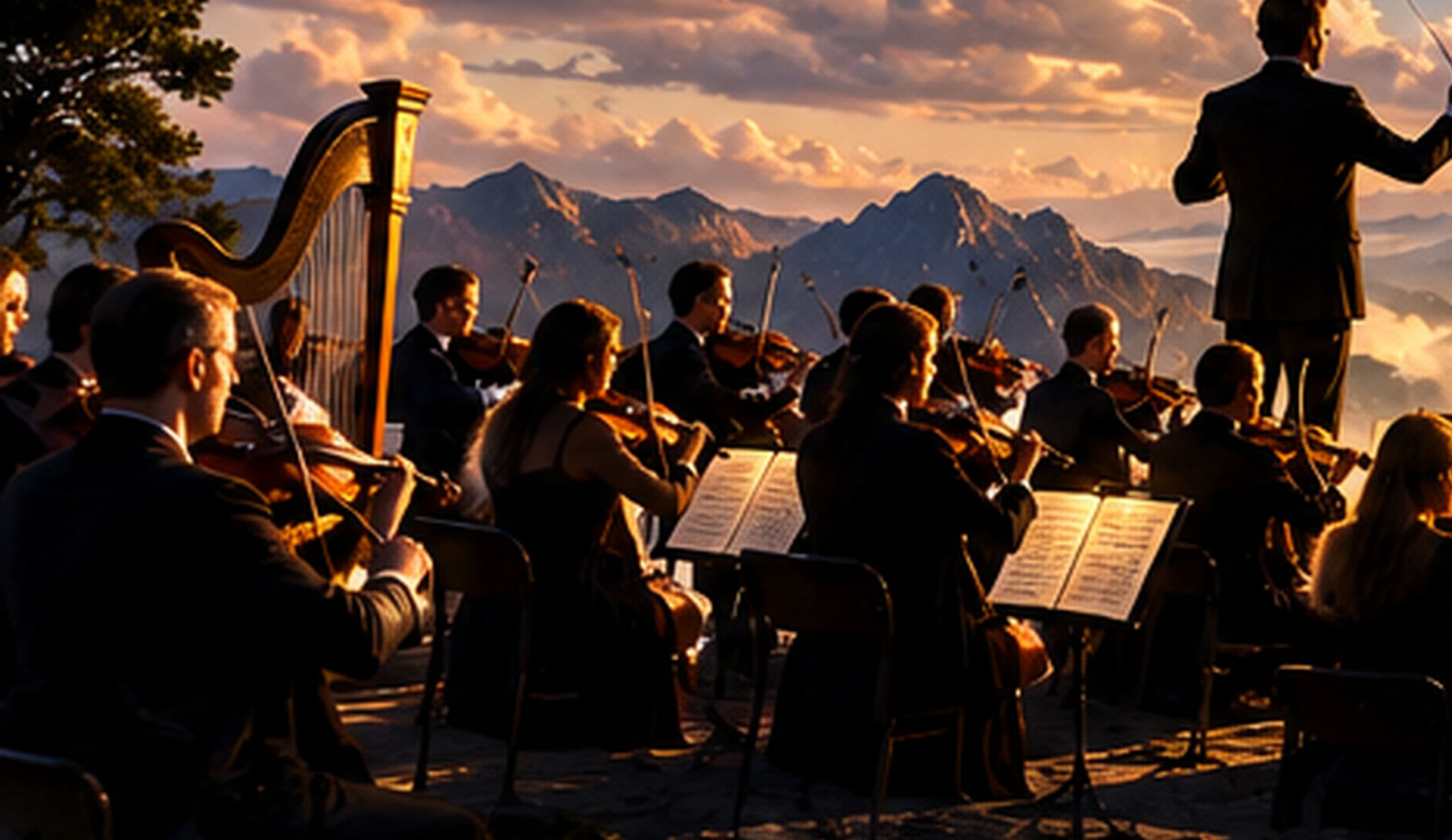 An orchestra playing on a clifftop at golden hour — harp, strings and a conductor silhouetted against mountains.