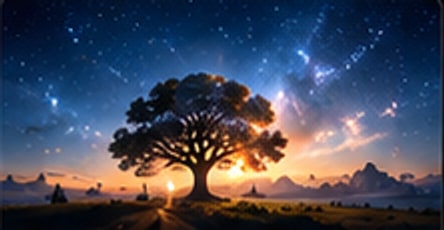 A broad tree alone on a plain at first light, the Milky Way still visible above it.