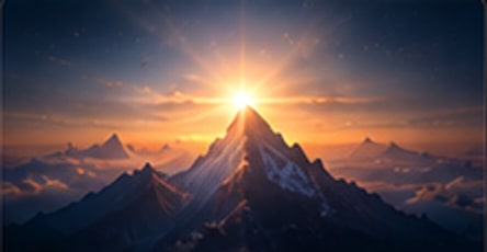 A snow-capped peak with the sun breaking directly over its summit.