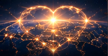 A heart drawn in light across a darkened globe, its lines meeting at bright points.